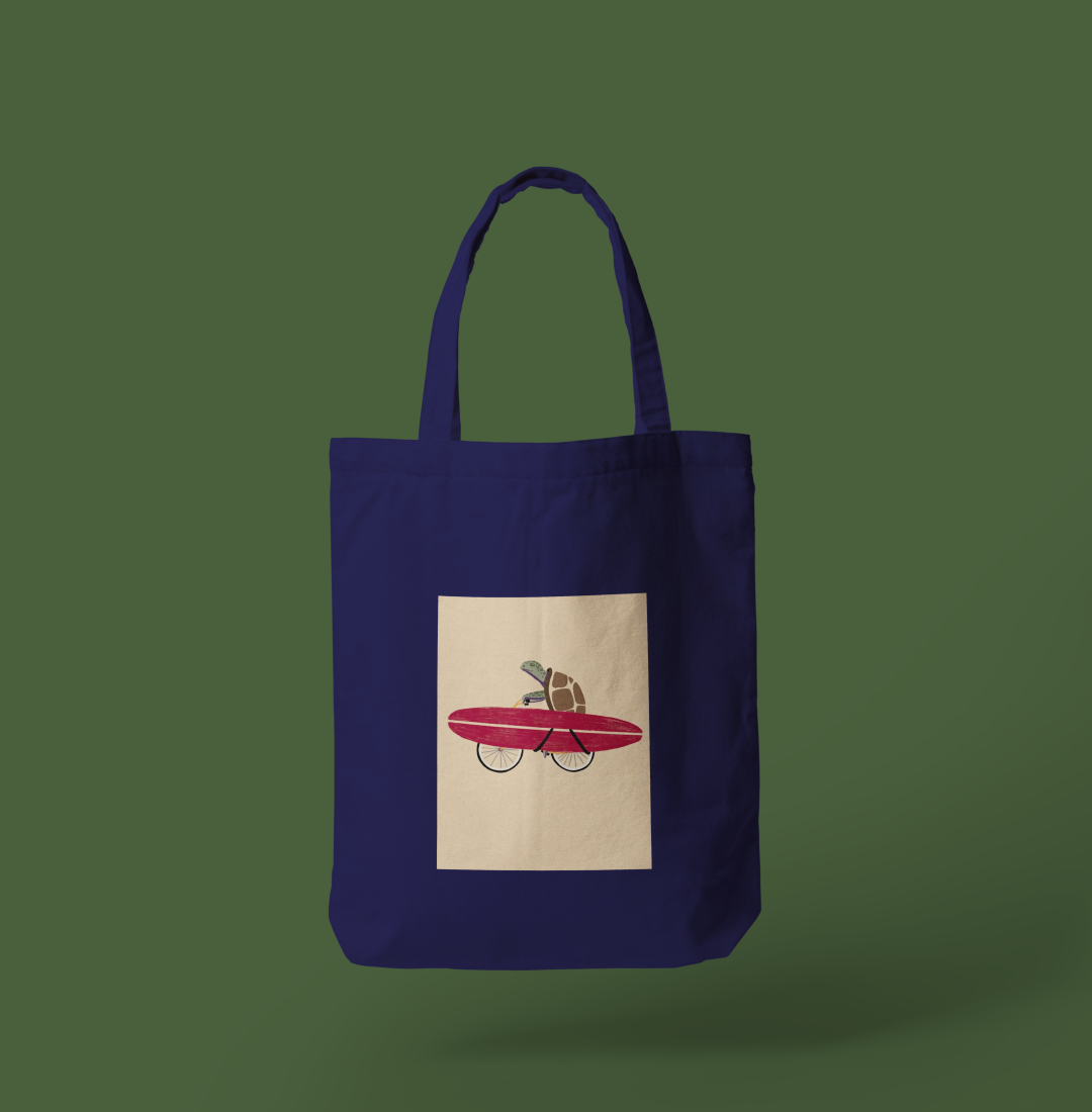 Surfer Turtle - Navy Blue Tote Bag with Zipper